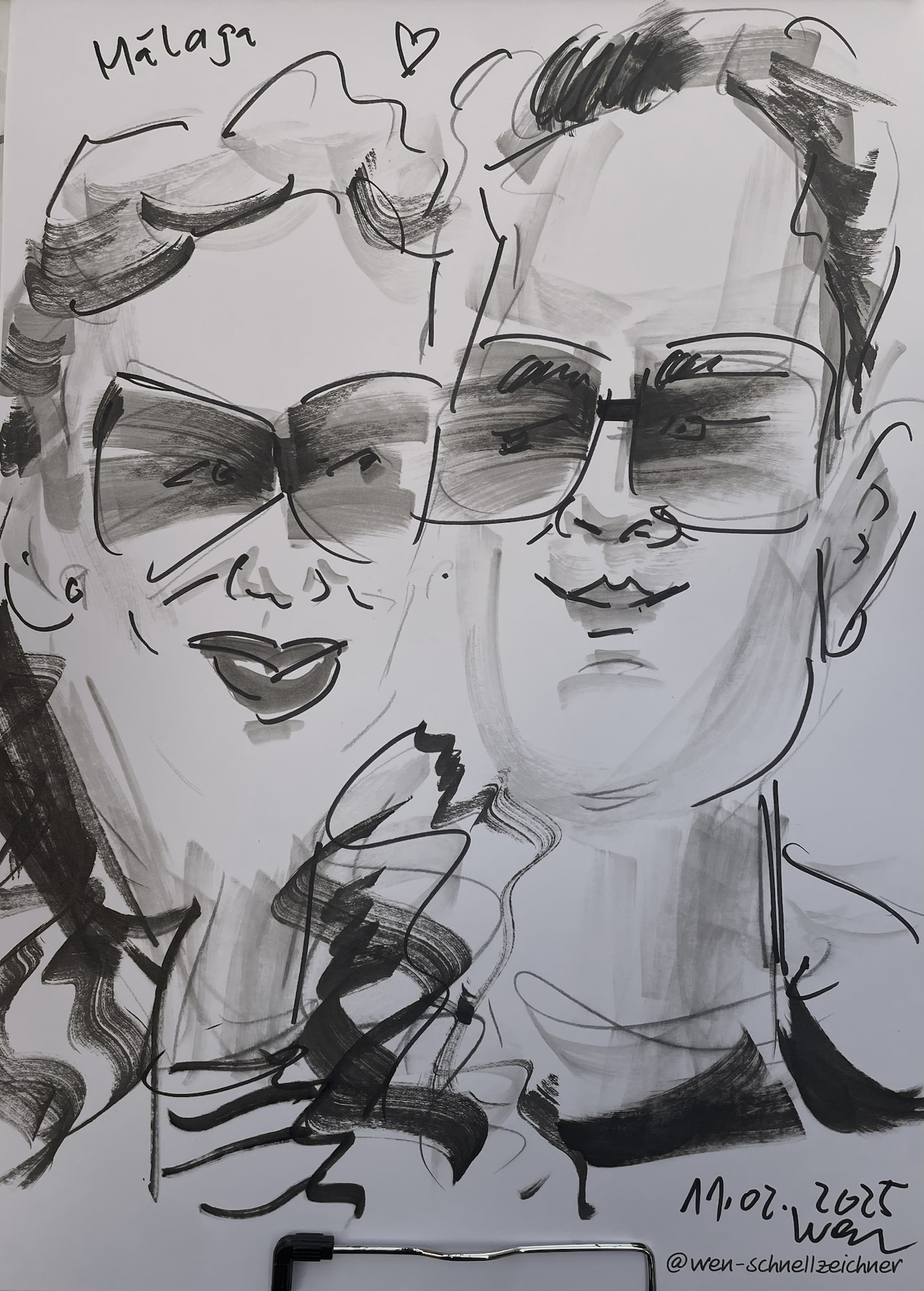 Live gezeichnete Karikatur eines Paares mit Brillen