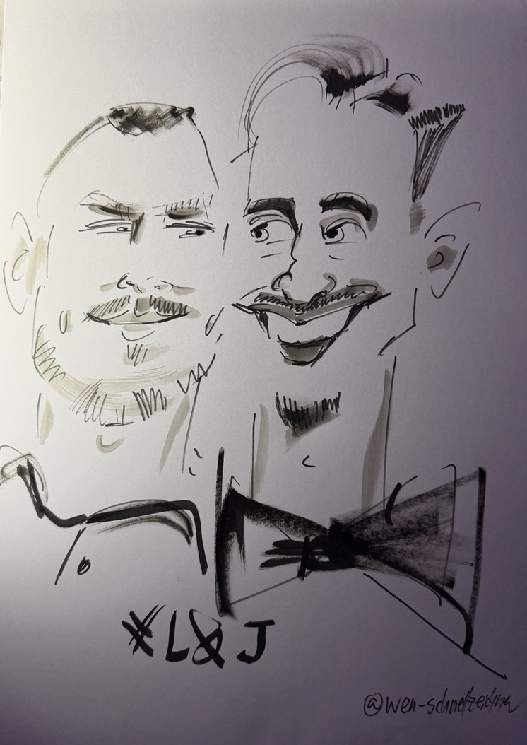 Live gezeichnete Karikatur zweier Männer