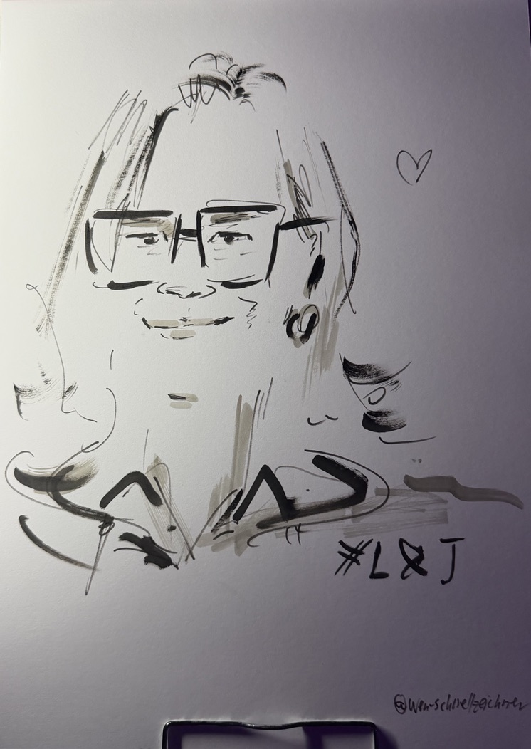 Live gezeichnetes Porträt einer Frau mit Brille
